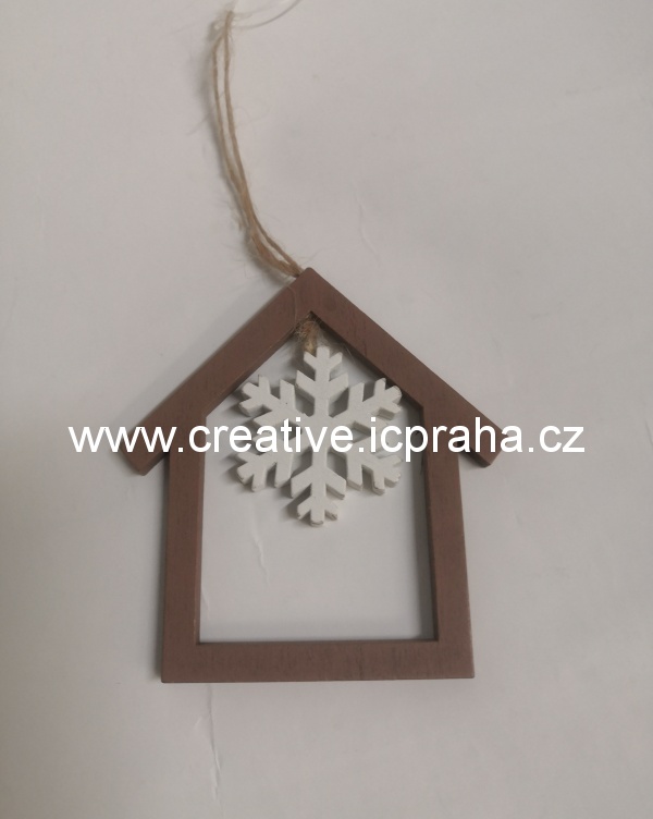 závěs-dřevo - domek hnědý /vločka 8,5cm